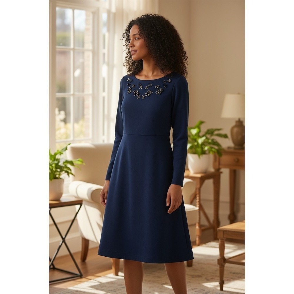 Banana Republic Dress‎ Womens 2 Navy Fit & Flare Beaded Neckline embellishments